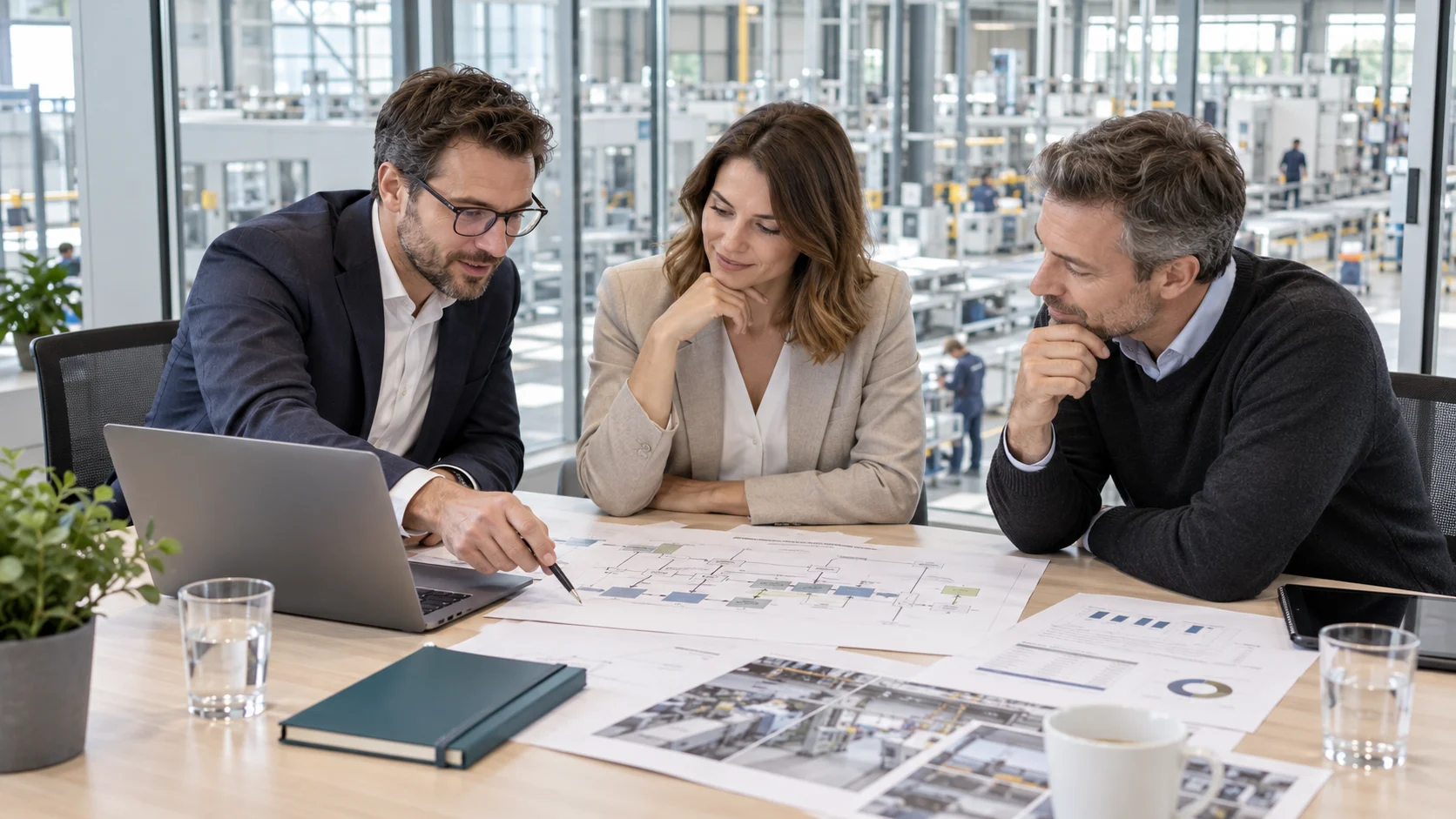 Ein Projektteam plant Digitalisierung und Investitionen anhand von Unterlagen und einem Laptop.