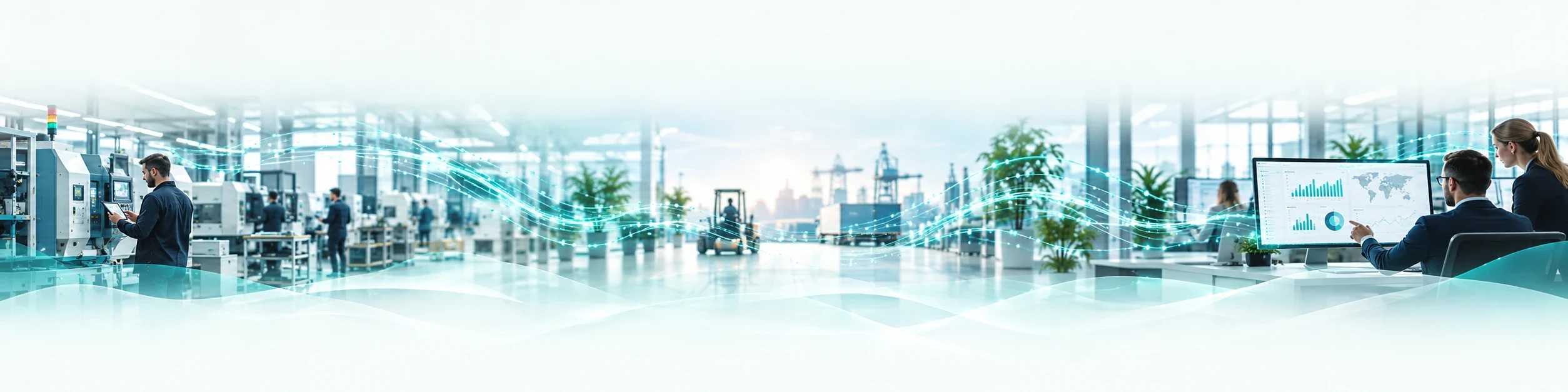 Fotorealistisches Panorama zu vernetzten Unternehmenssystemen zwischen Produktion, Logistik und Analytics im hellen DroneApps-Stil