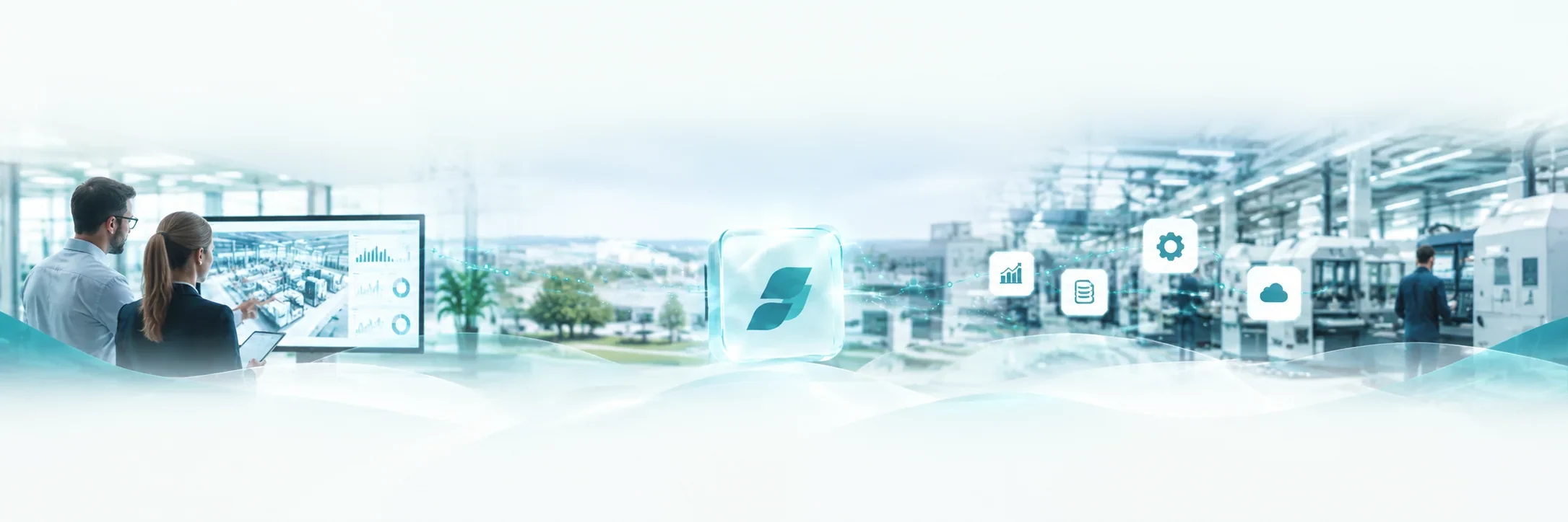 Helles DroneApps Panorama mit Industrie, Büro, Datenflüssen und digitalen Unternehmensprozessen